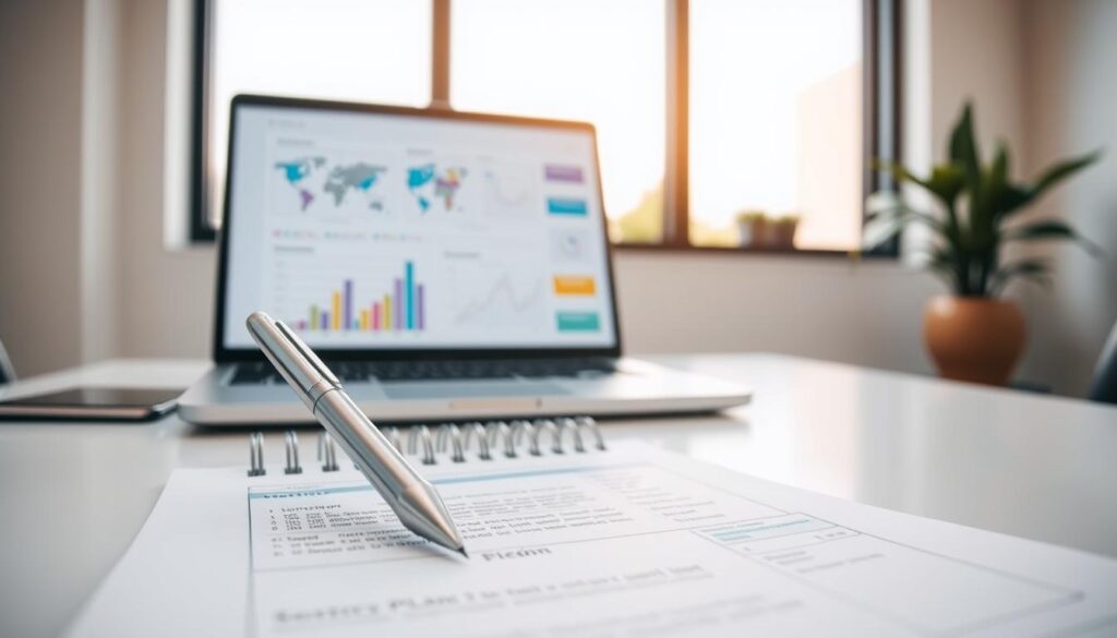 A strategic dental plan blueprint, meticulously designed on a clean, minimalist desk. In the foreground, a sleek silver pen hovers over a spiral notebook, ready to capture the intricate details of the practice's vision. The middle ground features a laptop displaying colorful diagrams and charts, conveying the analytical nature of the planning process. In the background, a large window floods the scene with warm, natural light, creating a sense of clarity and focus. The overall mood is one of professionalism, organization, and a keen eye for the future success of the dental clinic.