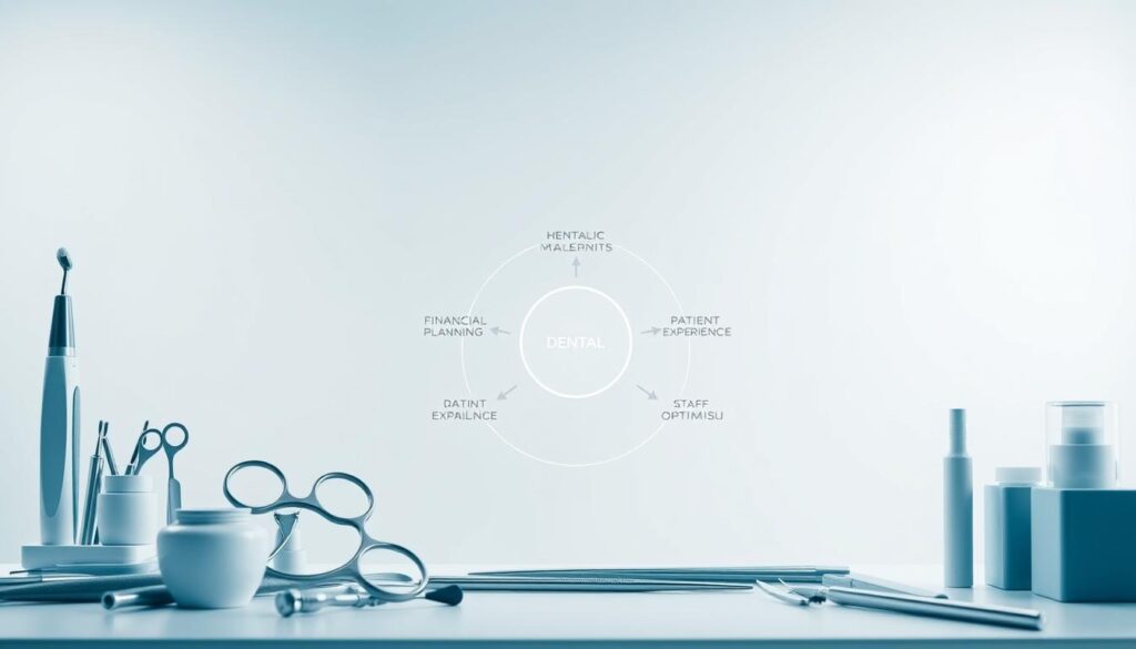 A strategic dental planning blueprint, depicted in a sleek, minimalist style. The foreground showcases a neatly organized array of dental tools and instruments, representing the core components of efficient clinical management. In the middle ground, a holistic schematic diagram outlines the interconnected pillars of successful dental practice operations, such as financial planning, patient experience, and staff optimization. The background features a serene, monochromatic backdrop, creating a sense of focus and professionalism. Soft, directional lighting accentuates the precision and clarity of the overall design, conveying the idea of a well-structured, comprehensive approach to dental practice management.