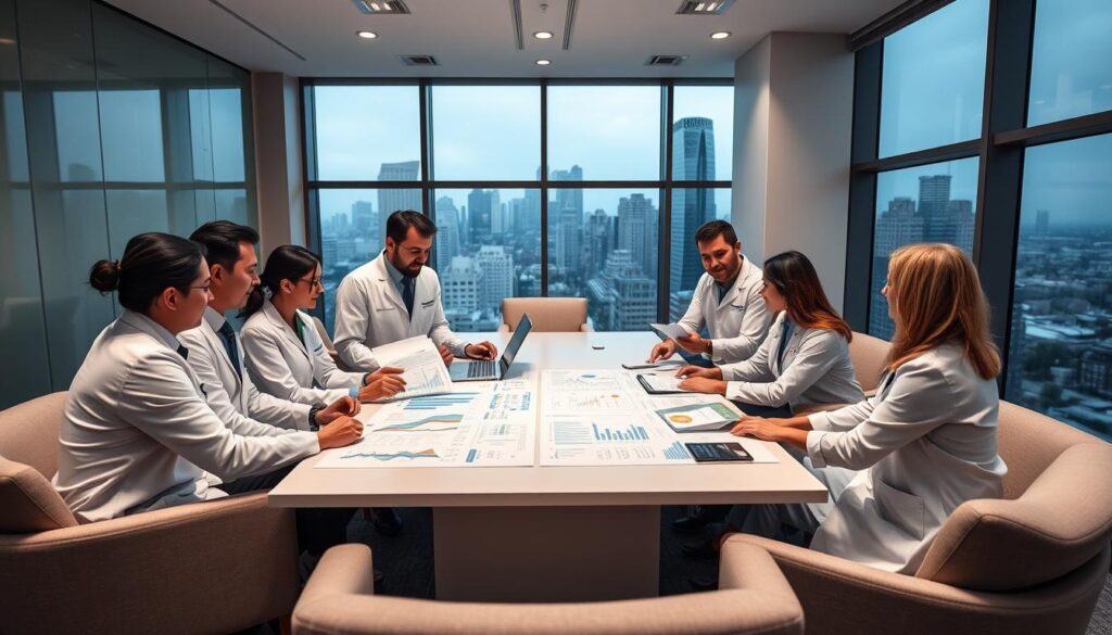 A strategic dental planning conference room with an experienced team of dentists and dental professionals gathered around a large table, reviewing detailed financial projections, market analysis, and a comprehensive roadmap for the clinic's future growth. Sleek, minimalist furniture in neutral tones, mood lighting from recessed ceiling fixtures, and large windows overlooking a modern city skyline create a professional, forward-thinking atmosphere. The group discusses key performance indicators, identifies areas for optimization, and collaborates on innovative approaches to improve patient experience and drive profitability. An air of focused determination permeates the scene as they chart the clinic's strategic course.