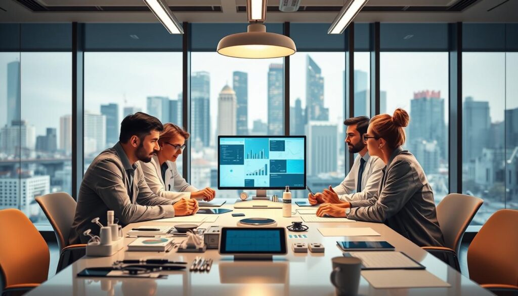 A strategic dental planning meeting, set in a modern, well-lit office. The foreground features a conference table with dental professionals in deep discussion, their expressions serious and focused. The middle ground showcases various dental tools, charts, and digital displays, hinting at the analytical and technological aspects of strategic planning. The background reveals large windows overlooking a bustling city skyline, conveying a sense of urban progress and innovation. The lighting is warm and professional, creating a productive and collaborative atmosphere. The scene captures the essence of strategic dental planning, with attention to detail, technology, and a forward-thinking approach.