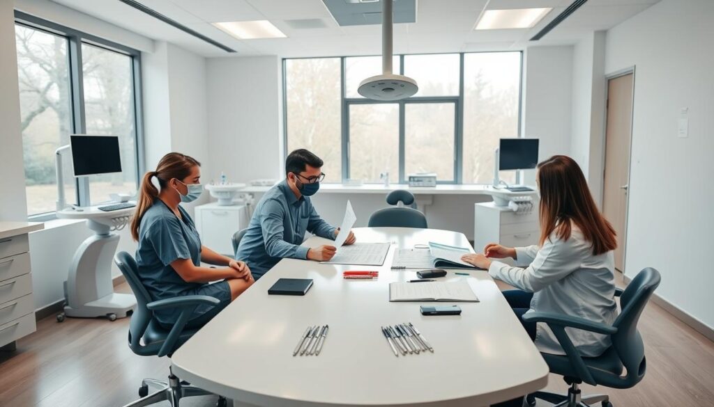 A strategic dental planning scene set in a modern, minimalist dental clinic. In the foreground, a team of dental professionals sit around a sleek conference table, reviewing charts and discussing treatment plans. The middle ground features an array of state-of-the-art dental equipment and tools, neatly organized and ready for use. The background showcases large windows, allowing natural light to flood the space and create a calming, professional atmosphere. The mood is one of focused collaboration, with the team working together to develop a comprehensive, tailored approach to patient care. The lighting is soft and even, illuminating the scene with a sense of clarity and purpose.