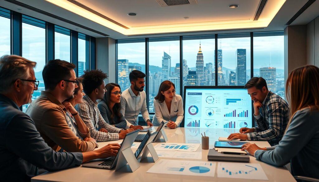 A strategic dental planning session in a modern, well-lit conference room. In the foreground, a diverse group of dental professionals huddle around a large table, engaged in animated discussion, their faces illuminated by the soft glow of laptops and tablets. In the middle ground, a projected presentation displays detailed charts, graphs, and diagrams, outlining key performance indicators and growth strategies. The background features floor-to-ceiling windows, offering a panoramic view of a bustling city skyline, conveying a sense of urban sophistication and forward-thinking. The scene is imbued with a atmosphere of focused collaboration and professional dynamism, capturing the essence of effective dental management and marketing.