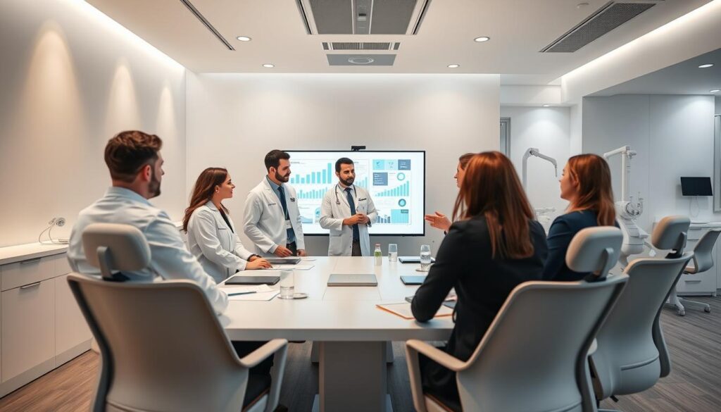 A strategic planning meeting in a modern dental clinic. In the foreground, a team of dentists and clinic managers gathered around a conference table, engaged in a lively discussion, referencing graphs and charts projected on a screen behind them. Soft, indirect lighting casts a professional, thoughtful atmosphere. The middle ground features ergonomic, minimalist chairs and desk accessories, conveying a sense of efficiency and organization. The background showcases the clinic's clean, contemporary aesthetic, with sleek white walls, subtle accent lighting, and hints of dental equipment in the distance, all contributing to an air of clinical expertise and forward-thinking.