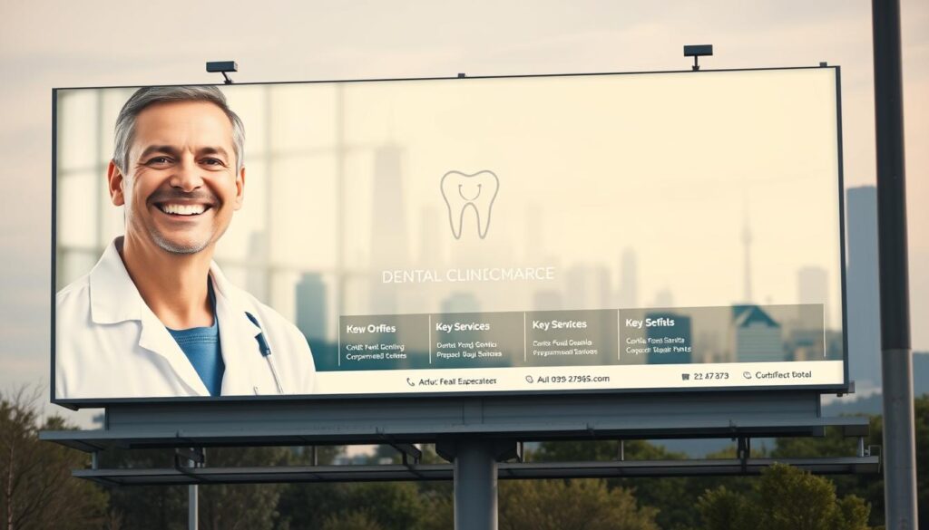 A strategically arranged dental clinic advertisement displayed on a large billboard with an eye-catching design. The foreground features a close-up of a smiling dentist in a white coat, their face radiating warmth and professionalism. The middle ground showcases the clinic's name, logo, and key services offered, presented in a clean, modern typographic layout. The background depicts a softly blurred city skyline, suggesting the clinic's urban setting and proximity to potential patients. The lighting is balanced, creating depth and highlighting the advertisement's key elements. The overall mood evokes a sense of trustworthiness, accessibility, and dental expertise, guiding viewers to consider the clinic's offerings.