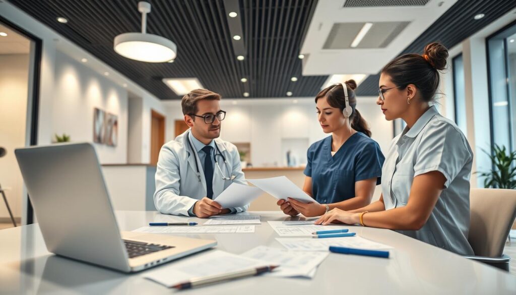 A strategically composed scene depicting a dental clinic's strategic planning. In the foreground, a modern conference table with a laptop, papers, and a pen showcasing the technical aspects of the planning process. In the middle ground, a team of dental professionals - a dentist, an office manager, and a nurse - engaged in a focused discussion, their expressions conveying a sense of collaboration and problem-solving. In the background, a panoramic view of the clinic's reception area, with a sleek, minimalist design and natural lighting, suggesting a professionally managed and patient-centric environment. The overall mood is one of purposeful concentration, strategic thinking, and a commitment to organizational excellence.