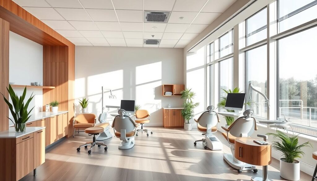 A strategically designed dental clinic, illuminated by natural light streaming through large windows. The modern, minimalist interior features clean lines, warm wood accents, and ergonomic dental chairs arranged in a thoughtful layout. Calming pastel tones create a soothing atmosphere, while potted plants and inviting seating areas contribute to a welcoming ambiance. The clinic exudes professionalism and a commitment to patient comfort, reflecting the expertise and care provided within. A sense of openness and transparency pervades the space, conveying the clinic's dedication to transparency and trust-building with its patients.