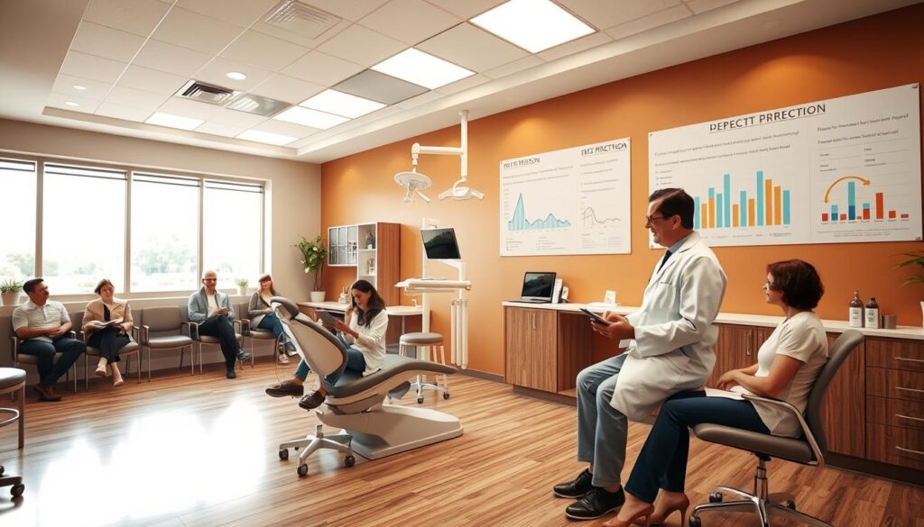 A strategically laid-out dental clinic with a spacious, well-lit reception area. Patients seated comfortably, leafing through magazines. The main consultation room features a modern dental chair, surgical equipment neatly arranged, and a large window offering a pleasant view. Dentist in a crisp white coat consults with a patient, using a tablet to illustrate the treatment plan. In the background, a wall-mounted display shows financial projections and key performance indicators, guiding the clinic's strategic direction. Warm, earthy tones create a calming, professional atmosphere.