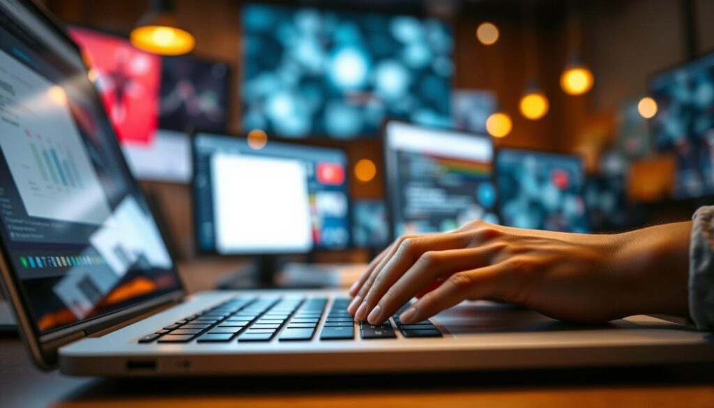 A stunning close-up photograph of a person's hands typing on a laptop keyboard against a blurred background of various digital devices and screens, creating a captivating visual representation of online reputation management. The lighting is soft and diffused, casting a warm, professional glow on the scene. The composition is balanced, with the hands and keyboard occupying the foreground, while the background elements provide a sense of context and technology. The overall atmosphere conveys a sense of focus, productivity, and the careful curation of one's digital presence.