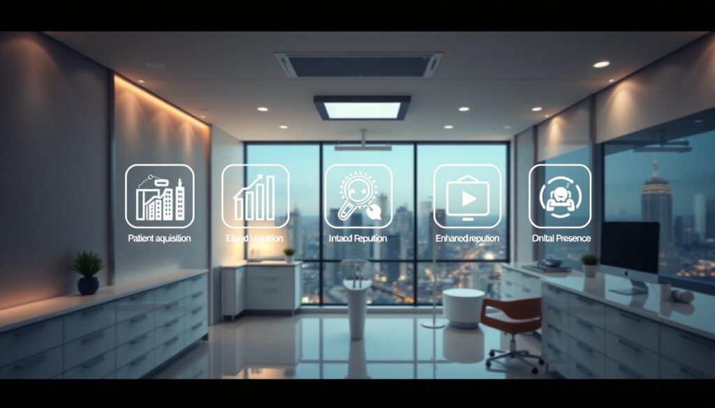 A stunning, high-resolution image of five gleaming benefits of dental marketing, captured in a vibrant, professional style. In the foreground, stylized icons representing increased patient acquisition, elevated brand visibility, improved patient retention, enhanced reputation, and optimized digital presence float against a crisp, minimalist background. The middle ground features a sleek, modern dental office interior, with clean lines, warm lighting, and sophisticated decor. In the distant background, a bustling cityscape suggests the far-reaching impact of strategic dental marketing. The scene is rendered with a cinematic, almost ethereal quality, using a slightly soft focus and muted color palette to convey a sense of professionalism and authority.