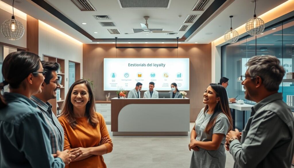 A stylish dental clinic interior with warm lighting and modern design elements. In the foreground, a group of smiling patients engage in friendly conversation, conveying a sense of loyalty and trust. The middle ground features a receptionist's desk, showcasing various customer loyalty programs and rewards. In the background, dental professionals consult with patients, demonstrating the clinic's commitment to personalized care and building lasting relationships. The overall scene evokes a welcoming, community-oriented atmosphere that reflects the "Estratégias de Fidelização Odontológica".