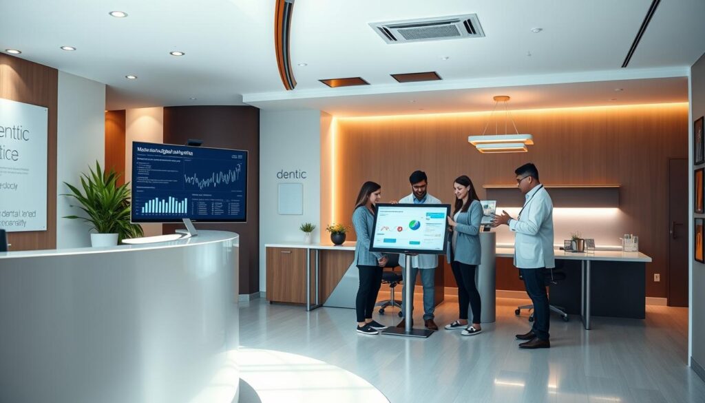 A stylish, modern dental clinic with a digital marketing focus. The foreground features a sleek, minimalist reception desk with a large computer monitor displaying analytics and marketing data. The middle ground showcases a team of dental professionals gathered around a touchscreen display, collaborating on a digital marketing strategy. The background depicts a vibrant, well-lit workspace with clean lines, warm lighting, and subtle branding elements. The overall atmosphere conveys a forward-thinking, tech-savvy dental practice at the forefront of digital marketing in the industry.