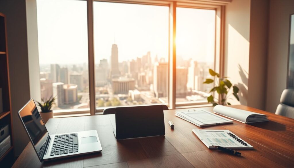 A sunlit office interior, with a wooden desk in the foreground displaying a laptop, calculator, and organized financial documents. A large window in the middle ground offers a view of a bustling city skyline, symbolizing the growth and success of the dental practice. Warm lighting casts a soft glow, creating an atmosphere of professionalism and financial stability. The scene conveys a sense of careful financial management, attention to detail, and a focus on sustainable business practices within the dental practice.