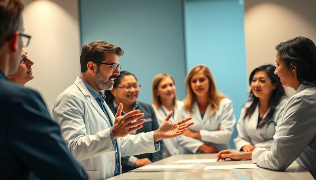 A team of dentists gathered around a conference table, engaged in a lively discussion. The lighting is warm and inviting, casting a soft glow on their faces as they lean in, exchanging ideas and strategies. In the foreground, the team leader stands, hands gesturing expressively, guiding the conversation with a confident and authoritative presence. The middle ground shows the attentive faces of the other team members, their expressions a mix of thoughtfulness and enthusiasm. The background blurs softly, suggesting a professional office setting, with a minimalist, modern aesthetic. The mood is one of collaboration, problem-solving, and a shared sense of purpose in providing exceptional dental care.