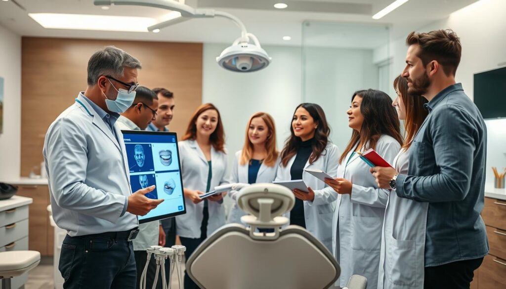 A team of diverse dental professionals engaged in a dynamic training session. In the foreground, a dentist explains procedures on a large display as their colleagues attentively observe, taking notes. The middle ground features a dental chair with various instruments and tools, conveying the clinical setting. The background showcases a modern, well-lit dental office with sleek, minimalist decor, creating a professional and inviting atmosphere. Soft, diffused lighting illuminates the scene, accentuating the focused expressions and collaborative energy of the team. The overall composition captures the essence of an effective dental staff training, emphasizing the importance of continuous education and skill development.