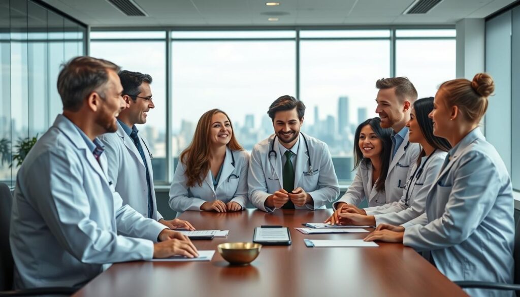A team of healthcare professionals, dressed in white coats, engaged in a lively discussion around a conference table. The scene is well-lit, with a warm, professional atmosphere conveying a sense of collaboration and leadership in the field of dentistry. The foreground features the team members, their faces animated as they exchange ideas, while the middle ground showcases a modern, minimalist office space with clean lines and subtle decor. The background subtly suggests a sense of progress and innovation, with a large window overlooking a city skyline.
