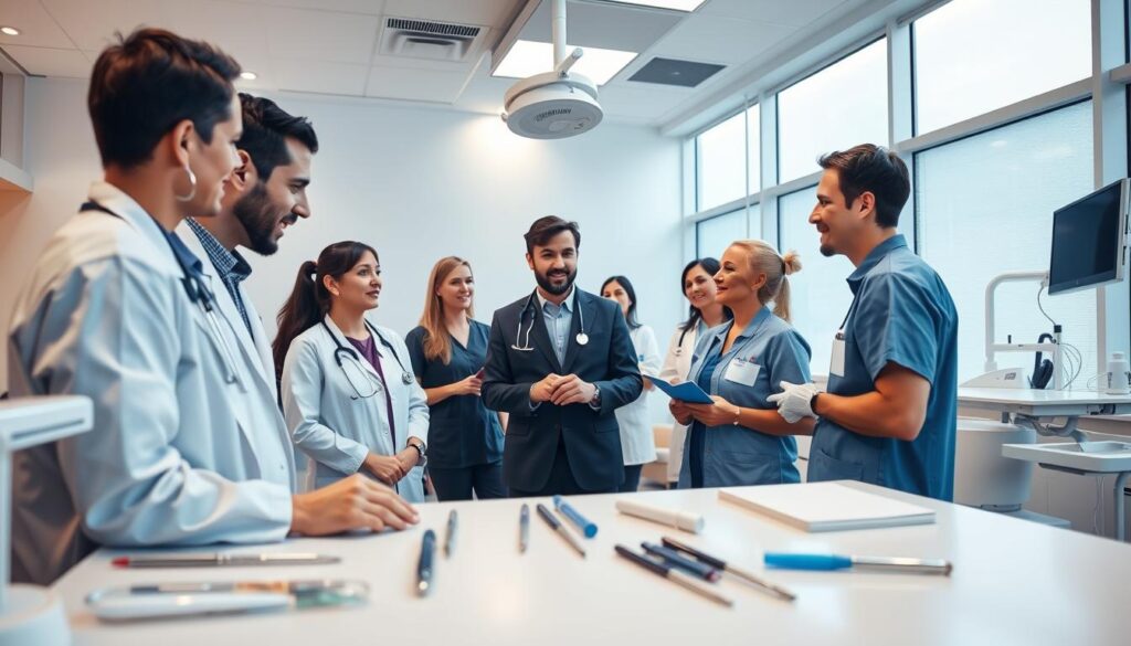 A team of medical professionals collaborating in a well-lit, modern dental clinic. The foreground features a group of doctors and nurses engaged in a lively discussion, their expressions focused and engaged. The middle ground showcases various medical equipment and tools neatly organized on clean, sterile surfaces. In the background, the clinic's sleek, minimalist design and large windows create a calming, professional atmosphere. The lighting is warm and indirect, creating a sense of productivity and efficiency. The overall scene conveys a sense of a well-managed, cohesive healthcare team working together to provide top-quality patient care.