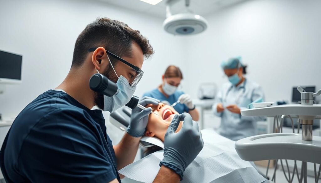 A team of professional dental practitioners working in a modern, well-equipped clinic. In the foreground, a dentist carefully examines a patient's teeth using a high-resolution intraoral camera. The middle ground features a dental hygienist cleaning a patient's teeth with precision instruments, while in the background, a dental assistant prepares sterilized tools and equipment. The lighting is bright and uniform, creating a clean, clinical atmosphere. The scene conveys a sense of expertise, care, and efficiency as the dental team collaborates to provide exceptional patient care.