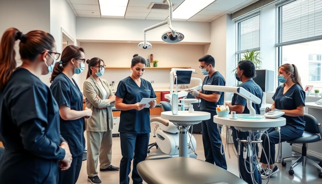A team of professional dentists and dental assistants working together in a modern, well-equipped dental clinic. The foreground features a group of dentists and staff in scrubs, discussing patient cases and coordinating their efforts. The middle ground shows a clean, organized workspace with state-of-the-art dental equipment and supplies. The background depicts a warm, inviting reception area with comfortable seating and calming colors. The lighting is bright and natural, creating a sense of professionalism and efficiency. The overall mood is one of collaboration, expertise, and a commitment to providing high-quality dental care.