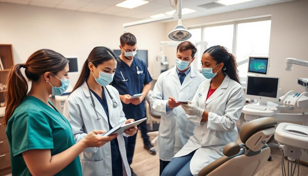 A team of professional dentists collaborating in a modern, well-lit dental office. In the foreground, a dentist and dental assistant discuss patient records on a tablet. In the middle ground, another dentist demonstrates an innovative dental procedure to a trainee. In the background, the office is filled with state-of-the-art dental equipment and technology, creating an atmosphere of clinical excellence and teamwork. The scene is captured with a wide-angle lens, emphasizing the dynamic interactions and efficient workflow within the dental practice.