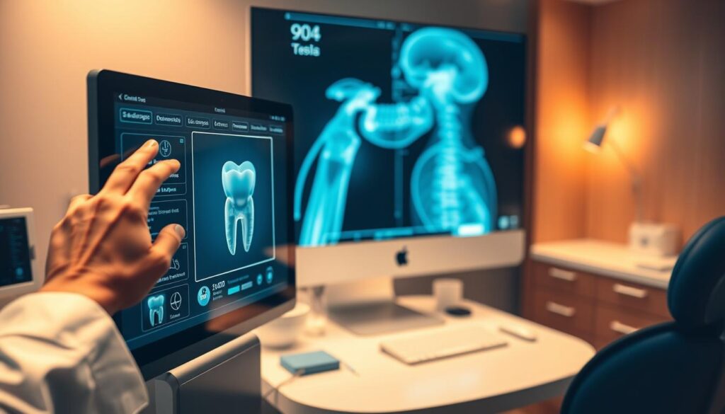 A technologically advanced dental clinic showcasing a sleek, intuitive software interface. In the foreground, a doctor's hand navigates a touchscreen monitor, accessing patient records and treatment plans. The middle ground features a 3D tooth model rotating on the screen, displaying intricate details. In the background, a panoramic x-ray image illuminates the workspace, creating a clinical yet sophisticated atmosphere. Warm lighting and clean, minimalist design elements convey the professionalism and efficiency of this cutting-edge dental technology.