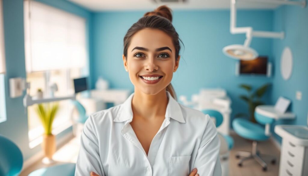 A thoughtful dental patient persona stands in a well-lit, modern dental clinic. The persona, a stylish young professional, embodies confidence and a desire for a bright, healthy smile. The clinic's soothing blue-and-white color scheme and sleek, ergonomic furnishings create an atmosphere of comfort and trust. Soft, directional lighting accentuates the persona's features, conveying a sense of approachability and professionalism. The scene captures the essence of the target demographic – individuals seeking personalized, high-quality dental care to maintain their overall wellness and aesthetic appeal.