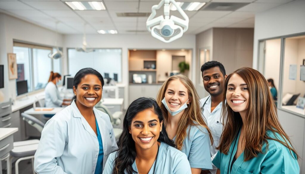 A thriving dental clinic with a strong organizational culture. In the foreground, a group of cheerful dental staff engaged in collaborative discussions, their faces conveying a sense of unity and purpose. The middle ground showcases a modern, well-equipped treatment area, where patients receive personalized care in a warm, welcoming environment. In the background, glimpses of administrative offices and a break room suggest a harmonious work-life balance. Soft, diffused lighting casts a professional, yet inviting glow throughout the clinic, reflecting the clinic's commitment to excellence and patient-centric values.