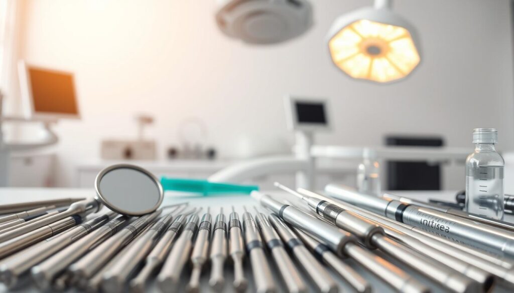 A tidy arrangement of essential dental clinic tools against a clean, bright background. In the foreground, precision instruments like gleaming metal dental picks, mirrors, and syringes are neatly organized. The middle ground features larger equipment like a dental drill, suction device, and surgical lamps with a warm, focused light. In the background, blurred outlines of a modern, minimalist dental office set the scene, conveying a sense of professionalism and clinical efficiency. The overall mood is one of meticulous care and advanced dental technology.