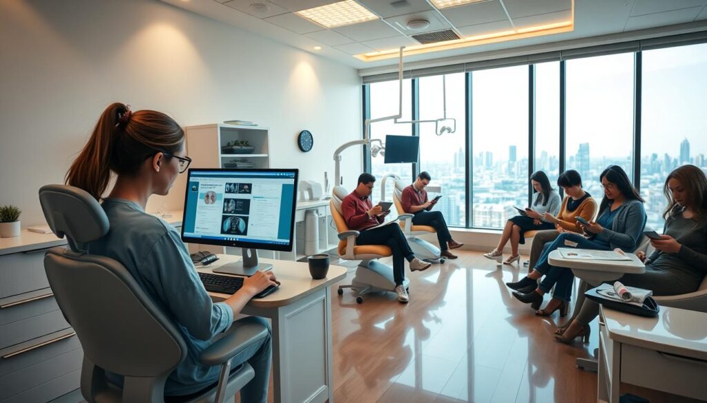 A tranquil and professional dental office, bathed in warm lighting and clean, modern decor. In the foreground, a dental hygienist sits at a computer, carefully reviewing the digital records of a patient on the screen. The middle ground features a group of patients in the waiting area, engrossed in their smartphones, tablets, or reading materials, seamlessly connected to the clinic's WiFi network. The background showcases state-of-the-art dental equipment and a panoramic view of the city skyline through the large windows, conveying a sense of technological advancement and patient-centric care. The overall mood is one of efficiency, comfort, and a personalized digital experience for the patients.