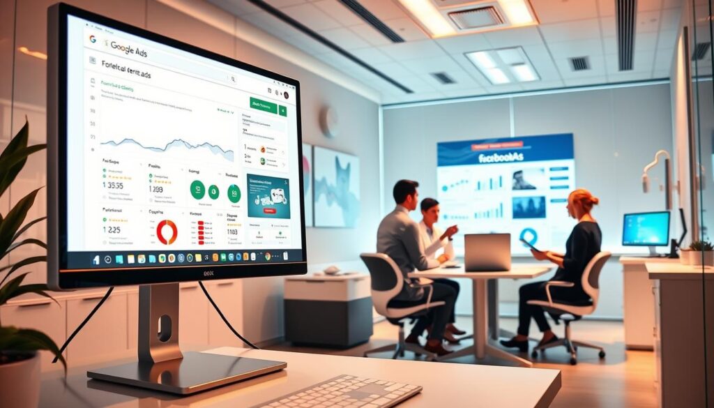 A vibrant and captivating image of a modern dental clinic's digital marketing campaigns. In the foreground, a computer screen displays a Google Ads dashboard, showcasing targeted ad campaigns for various dental services. In the middle ground, a team of dental professionals strategizes and analyzes the performance of their Facebook Ads, using data-driven insights to optimize their online presence. The background features a sleek, minimalist office setting, with clean lines, soothing colors, and state-of-the-art equipment, creating an atmosphere of professionalism and cutting-edge technology. The lighting is warm and inviting, highlighting the collaborative nature of the digital marketing efforts. The overall scene conveys the power of targeted, data-driven advertising to drive growth and visibility for modern dental clinics.
