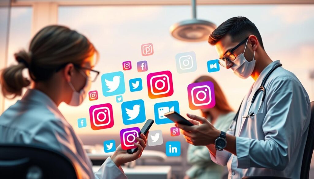A vibrant and colorful digital landscape showcasing various social media platforms and icons, meticulously crafted to capture the essence of "social media for dentists". In the foreground, a sleek and modern dental office setting, with a professional dentist engaging with patients through their smartphone. The middle ground features a dynamic array of social media app logos, including Facebook, Instagram, Twitter, and LinkedIn, all seamlessly integrated into the scene. The background is a soft, gradient-filled sky, creating a sense of depth and balance. The overall composition is lit by warm, directional lighting, emphasizing the professional and engaging nature of the image. The mood is one of technological sophistication, digital connectivity, and the successful integration of social media into a thriving dental practice.