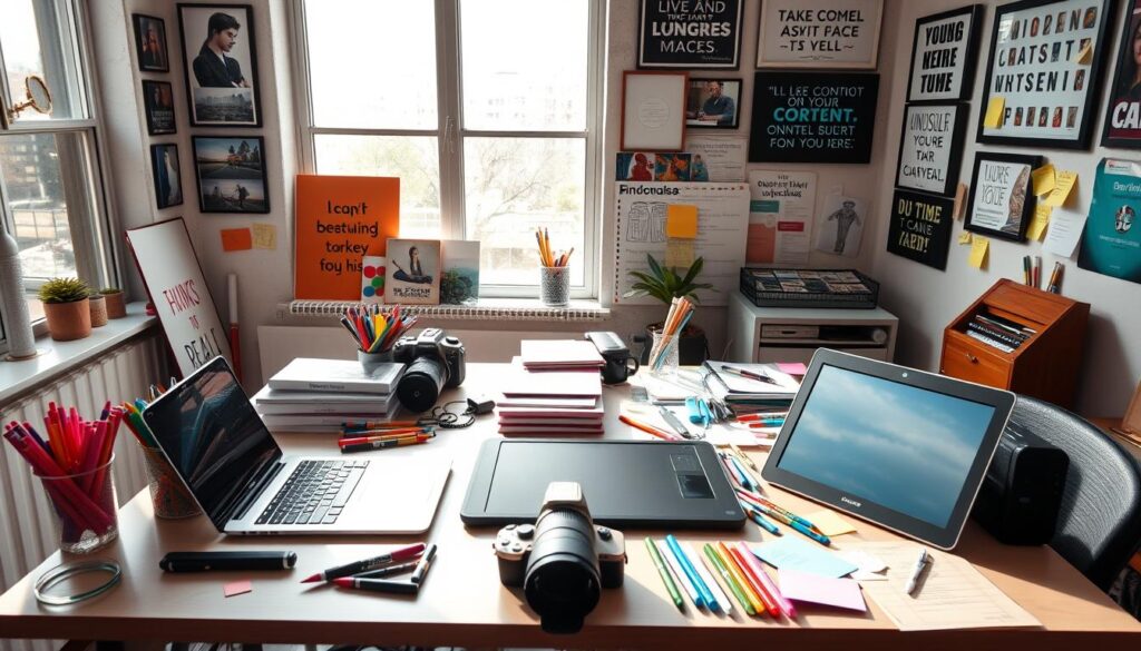 A vibrant and creative workspace, illuminated by natural light filtering through large windows. On the desk, an array of digital tools and devices - a laptop, a graphics tablet, a DSLR camera, and an array of colorful markers and pens. Surrounding these, a variety of office supplies, sticky notes, and inspirational visual references. The walls are adorned with framed photographs, artwork, and motivational quotes, creating a productive and visually stimulating environment for content creation. The overall mood is one of collaborative energy, innovation, and a passion for crafting engaging digital content.