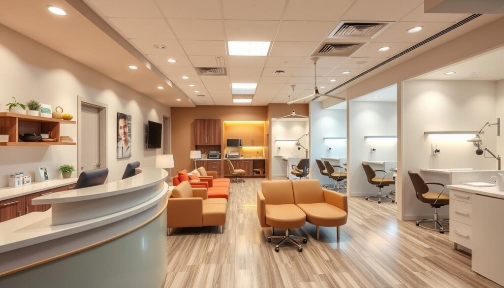 A vibrant and customized dental clinic interior, showcasing a diverse range of personalization options. In the foreground, a stylish and ergonomic reception desk with a clean, modern design. The middle ground features cozy and inviting waiting areas, with plush seating and warm lighting, creating a relaxing atmosphere. In the background, a variety of examination rooms, each tailored to the unique needs and preferences of different-sized clinics, from compact solo practices to larger multi-doctor operations. The overall scene is bathed in soft, natural lighting, emphasizing the clinic's commitment to patient comfort and a professional, yet welcoming ambiance.