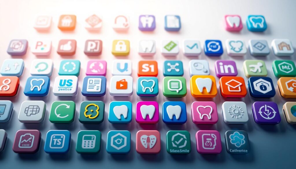 A vibrant and diverse array of dental software icons, arranged in a visually appealing grid layout. In the foreground, a collection of sleek, modern icons representing practice management, billing, patient communication, and imaging tools. In the middle ground, additional icons for specialized modules like orthodontic treatment planning, implant planning, and digital smile design. In the background, a subtle gradient or texture evokes a professional, clinical atmosphere. The overall composition conveys the breadth and capabilities of the dental software ecosystem, inviting the viewer to explore the various solutions available.