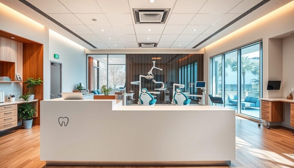 A vibrant and dynamic dental clinic interior with a warm, inviting atmosphere. The foreground features a sleek, modern reception desk with minimalist signage and a distinctive logo, symbolizing a strong brand identity. In the middle ground, dental chairs and equipment are artfully arranged, showcasing the clinic's state-of-the-art technology and expertise. The background depicts floor-to-ceiling windows, allowing natural light to flood the space and create a sense of openness and transparency. The overall composition conveys a professional, trustworthy, and patient-centered approach to dental care, reflecting the essence of effective dental marketing and brand building.