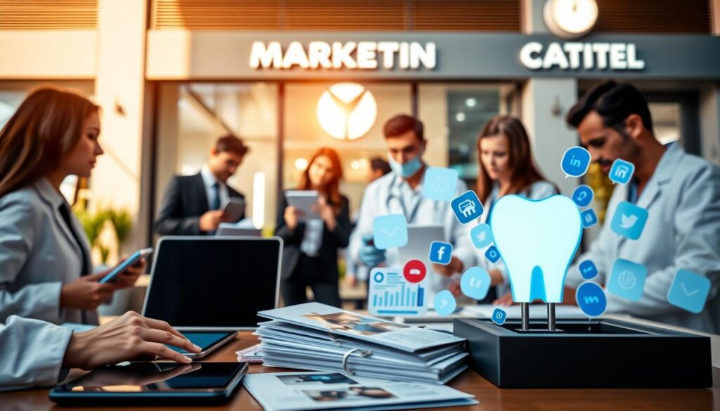A vibrant and dynamic image showcasing strategies for marketing a dental clinic. In the foreground, an array of digital devices and marketing collateral - smartphones, tablets, brochures, and social media icons - symbolizing the diverse channels for reaching potential patients. The midground features a team of dental professionals, each engaged in a specific marketing task, such as social media management, email outreach, and advertising campaign planning. In the background, a sleek, modern dental clinic facade, with signage and branding elements that reinforce the clinic's identity and professionalism. Warm, natural lighting casts a sense of energy and optimism, conveying the effectiveness and success of the clinic's marketing efforts. The composition emphasizes collaboration, innovation, and a strategic approach to elevating the dental practice's visibility and appeal to its target audience.