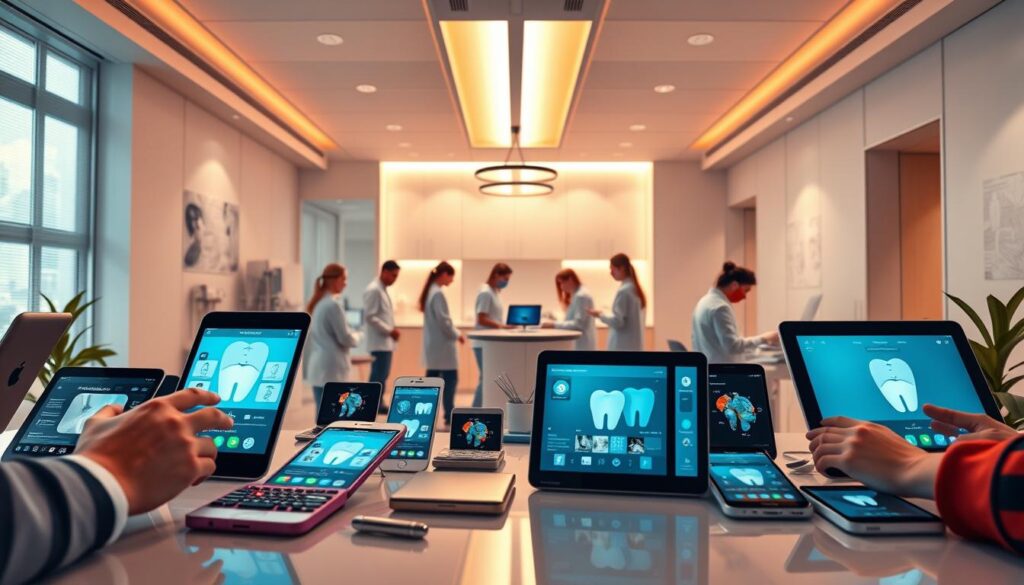 A vibrant and dynamic social media landscape showcasing the transformative power of digital marketing for the dental industry. In the foreground, an array of modern mobile devices and interactive platforms, representing the diverse channels used to connect dentists with their patients. The middle ground features a team of dental professionals engaged in online consultations, scheduling appointments, and sharing educational content. In the background, a sleek and minimalist dental clinic, illuminated by warm, directional lighting that underscores the seamless integration of technology and patient-centric care. The overall atmosphere conveys a sense of innovation, accessibility, and a renewed focus on enhancing the dental experience through the strategic use of social media.