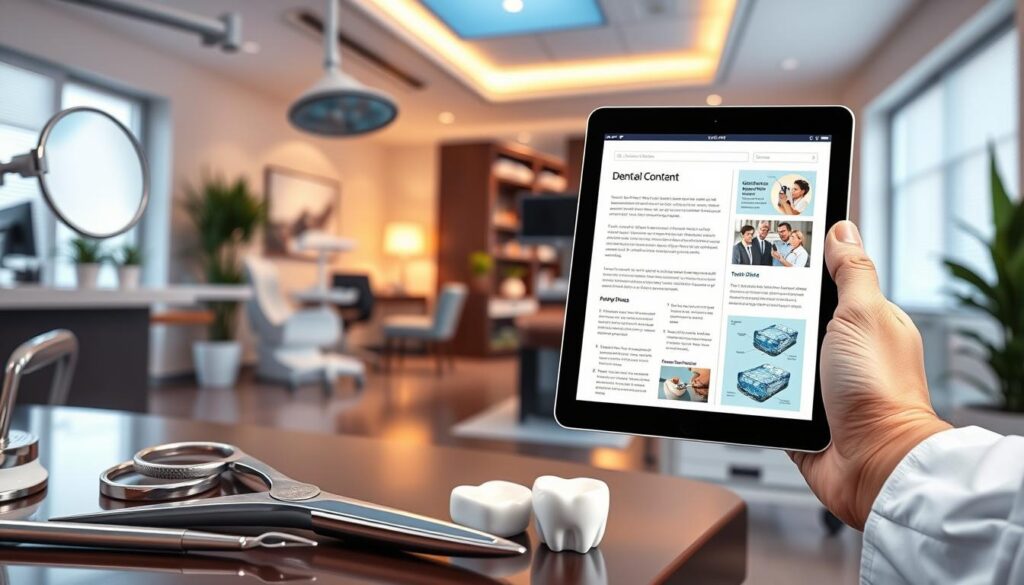A vibrant and engaging dental clinic content illustration. The foreground features an assortment of dental equipment, tools, and supplies, including polished chrome pliers, a gleaming stainless steel mirror, and a pristine porcelain tooth model. In the middle ground, a dentist's hand holds a tablet, showcasing informative digital content with clean typography and eye-catching graphics. The background depicts a modern, well-lit dental office interior, with sleek furnishings, potted plants, and warm lighting casting a soothing ambiance. The overall composition conveys a sense of professionalism, expertise, and a focus on providing valuable digital content to engage and inform dental patients.