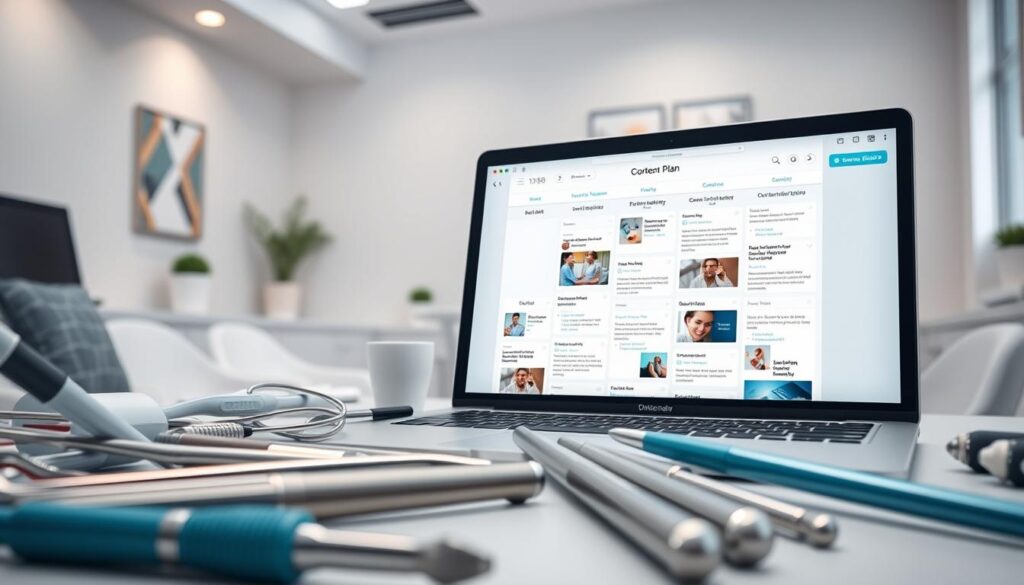 A vibrant and engaging dental marketing strategy, centered around a detailed content plan. In the foreground, dental tools and instruments, meticulously arranged, conveying a sense of precision and expertise. In the middle ground, a laptop display showcasing a content calendar, with social media post templates and website mockups. The background features a modern, minimalist office setting, with clean lines and a soothing color palette to reflect the calming, professional atmosphere of a dental practice. Soft, directional lighting illuminates the scene, creating depth and highlighting the key elements. The overall mood is one of efficiency, data-driven decision-making, and a commitment to providing valuable, educational content to potential patients.