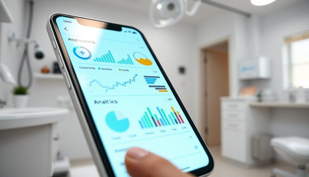 A vibrant and engaging digital marketing campaign for a modern dental clinic. A close-up view of a smartphone displaying analytics, charts, and graphs, with a clean white medical background. Bright, natural lighting illuminates the scene, highlighting the sleek, minimalist design of the device. The image conveys a sense of data-driven success, technological innovation, and the positive impact of digital marketing strategies on the clinic's growth and patient engagement.