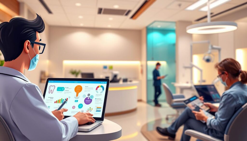 A vibrant and engaging image of content marketing for dental clinics. In the foreground, an animated dentist presents a digital presentation on a laptop, surrounded by colorful infographics and healthcare icons. The middle ground features a dental clinic reception, with patients perusing educational brochures and interacting with the staff. The background showcases a modern, well-lit dental office, with sleek equipment and warm lighting creating a welcoming atmosphere. The overall scene conveys a sense of professionalism, education, and patient-centered care, reflecting the importance of content marketing in attracting and informing dental patients.