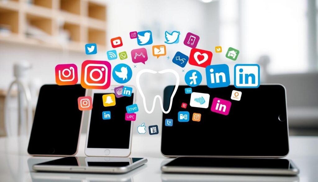 A vibrant and modern collage showcasing various social media icons and platforms, artfully arranged to capture the essence of digital marketing strategies for dental clinics. The foreground features a central focal point of a stylized dental logo or emblem, surrounded by a dynamic arrangement of colorful social media app logos, such as Facebook, Instagram, Twitter, and LinkedIn. The middle ground presents a clean, minimalist layout of sleek smartphone and tablet devices, highlighting the integration of digital technologies. The background subtly suggests a professional, clinical environment with soft lighting and a blurred dental clinic setting. The overall composition conveys a cohesive, visually-appealing representation of the digital marketing strategies tailored for the dental industry.