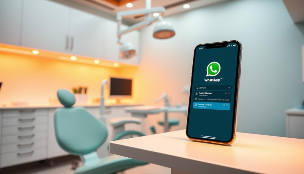 A vibrant and modern dental office interior, with a large, high-resolution smartphone screen showcasing the WhatsApp messaging app interface. The screen is prominently displayed on a clean, minimalist desk, surrounded by dental equipment and supplies. Warm, inviting lighting illuminates the scene, creating a professional yet approachable atmosphere. The image conveys the idea of using WhatsApp as a powerful marketing tool for dental practitioners, connecting with patients in a personalized and efficient manner.