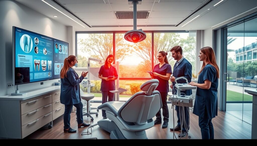 A vibrant and modern dental office interior, with a warm and inviting atmosphere. The foreground features a group of dental professionals engaged in a friendly discussion, gesturing towards a large display showcasing various dental services and technologies. The middle ground showcases a sleek and ergonomic dental chair, surrounded by state-of-the-art equipment and instruments. The background depicts a panoramic view of the clinic, with clean and minimalist decor, large windows allowing natural light to flood the space, and a serene, garden-like outdoor scene visible beyond. The overall mood is one of professionalism, innovation, and a focus on patient comfort and well-being.