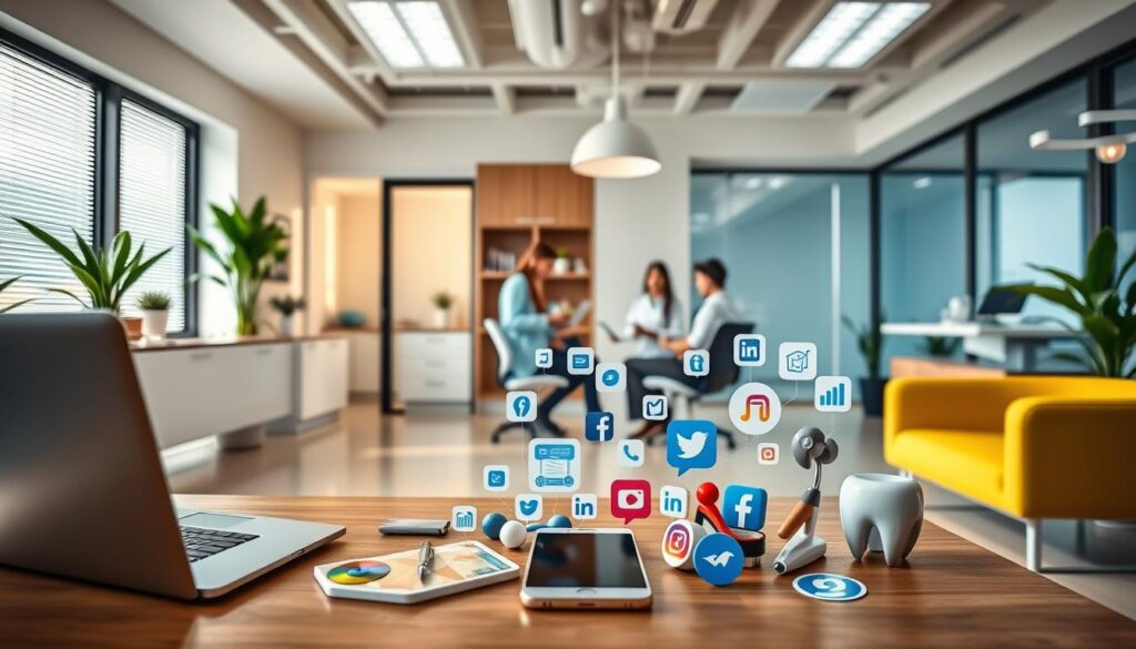 A vibrant and modern dental office, with a sleek interior design featuring minimalist furniture, clean lines, and a warm, inviting atmosphere. In the foreground, an array of digital marketing tools are artfully arranged, including a laptop, a smartphone, a tablet, and various social media icons. The middle ground showcases a team of dental professionals collaborating on their digital marketing strategy, using the latest software and analytics tools. In the background, a large window provides natural lighting, highlighting the office's bright and airy feel. The overall scene conveys the idea of a well-equipped, forward-thinking dental practice that leverages free digital marketing resources to effectively reach and engage its target audience.