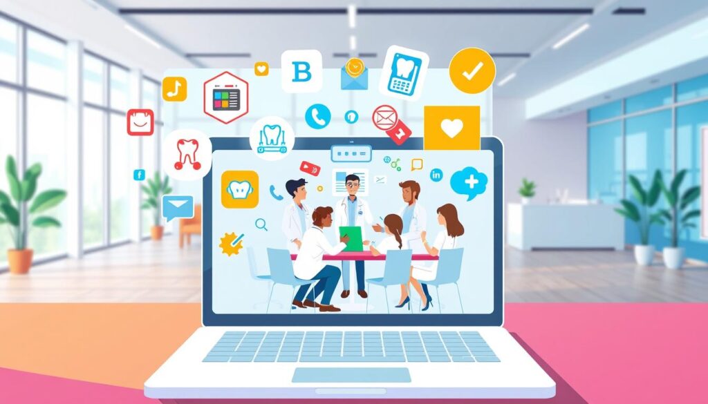 A vibrant and modern digital illustration depicting various online marketing strategies and tactics for a dental clinic. In the foreground, a stylized laptop screen showcases icons and graphics representing social media, SEO, email marketing, and other digital channels. In the middle ground, a team of animated dental professionals collaborate around a conference table, strategizing ways to leverage these online tools to promote their clinic. The background features a sleek, minimalist office setting with clean lines, large windows, and a hint of the clinic's branding. The overall scene conveys a sense of professionalism, innovation, and a focus on leveraging digital solutions to drive growth and patient engagement for the dental practice.