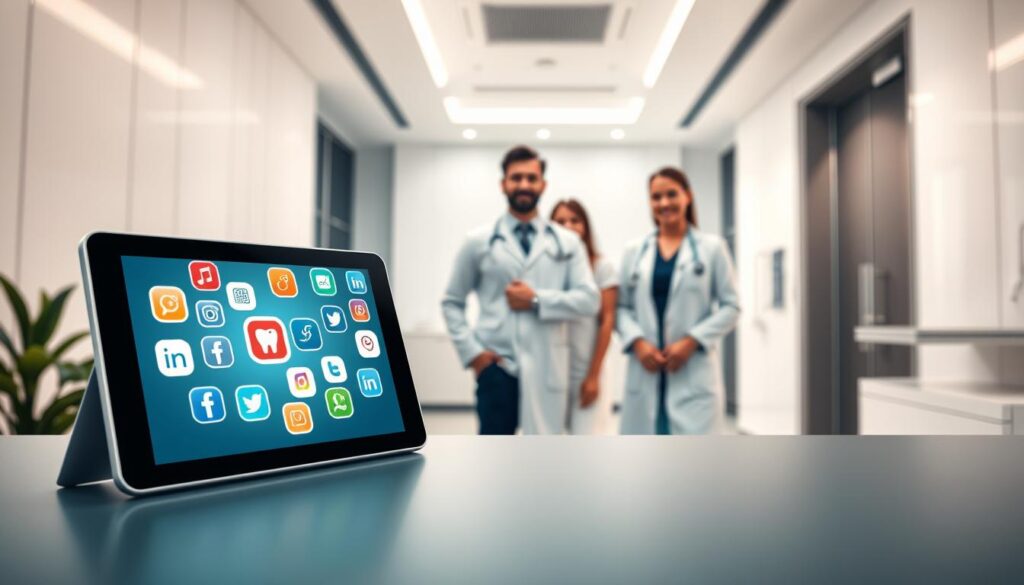 A vibrant and modern digital marketing composition for a dental clinic. In the foreground, a tablet displaying various social media and marketing icons, representing the clinic's online presence. In the middle ground, a trio of dentists in professional attire, exuding expertise and approachability. In the background, a sleek, minimalist clinic interior with clean lines and soothing colors, conveying a sense of advanced, patient-centric care. The lighting is soft and natural, creating a warm, inviting atmosphere. The overall aesthetic blends technology, professionalism, and a strong brand identity, effectively communicating the clinic's commitment to digital marketing and patient-focused service.