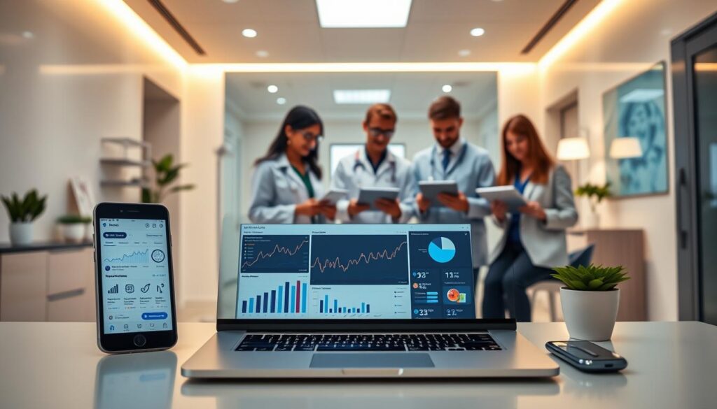 A vibrant and modern digital marketing scene for a dental clinic. In the foreground, a laptop and smartphone display analytics dashboards and social media platforms, highlighting the clinic's online presence. In the middle ground, a team of dental professionals collaborates, using tablets and laptops to strategize their digital marketing campaigns. The background features a sleek, minimalist clinic interior with clean lines and a calming color palette, reflecting the clinic's professional and trustworthy brand identity. Warm, directional lighting illuminates the scene, creating a sense of productivity and innovation. The overall atmosphere conveys a harmonious fusion of cutting-edge digital marketing and high-quality dental care.
