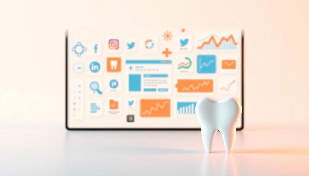 A vibrant and modern digital marketing strategy for a dental clinic, showcased in a sleek, minimalist composition. In the foreground, a stylized dental icon, perhaps a stylized tooth or dental instrument, rendered in a bold, geometric design. The middle ground features a collage of digital marketing elements - social media icons, website mockups, analytics charts, and targeted ad placements. The background is a soft, gradient-based color scheme, hinting at the professionalism and technology-driven nature of the dental clinic's online presence. Warm, directional lighting accentuates the crisp, clean aesthetic, conveying a sense of authority and expertise in the digital marketing domain.