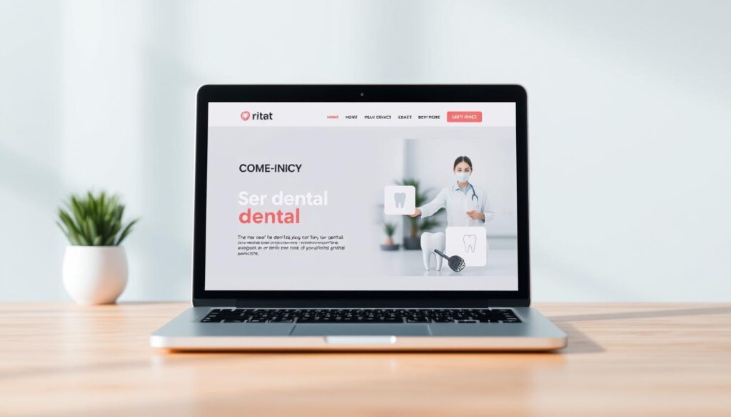 A vibrant and modern online advertising campaign for a dental clinic, depicting a clean, minimalist design. In the foreground, a laptop or tablet screen displays a sleek, eye-catching advertisement with a bold, inviting call-to-action. The middle ground features subtle graphics and icons related to dental services, conveying professionalism and expertise. The background showcases a tranquil, serene setting with soft, diffused lighting, creating a calming and trustworthy atmosphere. The overall composition emphasizes the clinic's digital presence, cutting-edge technology, and commitment to patient care, tailored to attract potential patients searching for dental services online.
