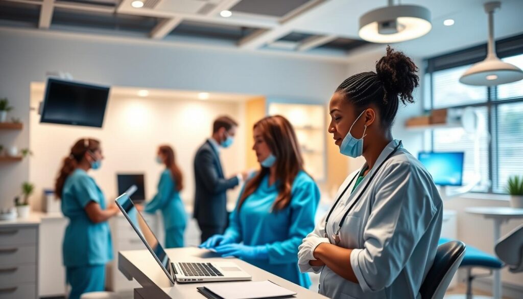 A vibrant and organized dental office, showcasing the implementation of effective management practices. In the foreground, a team of dental professionals collaborating, utilizing digital tools and streamlined workflows. In the middle ground, a well-appointed reception area, exuding a welcoming atmosphere. In the background, a modern, well-lit treatment room, highlighting the attention to detail and patient comfort. The lighting is warm and inviting, with a soft focus that emphasizes the harmonious integration of technology and personalized care. The overall scene conveys a sense of efficiency, professionalism, and a patient-centric approach to dental practice management.